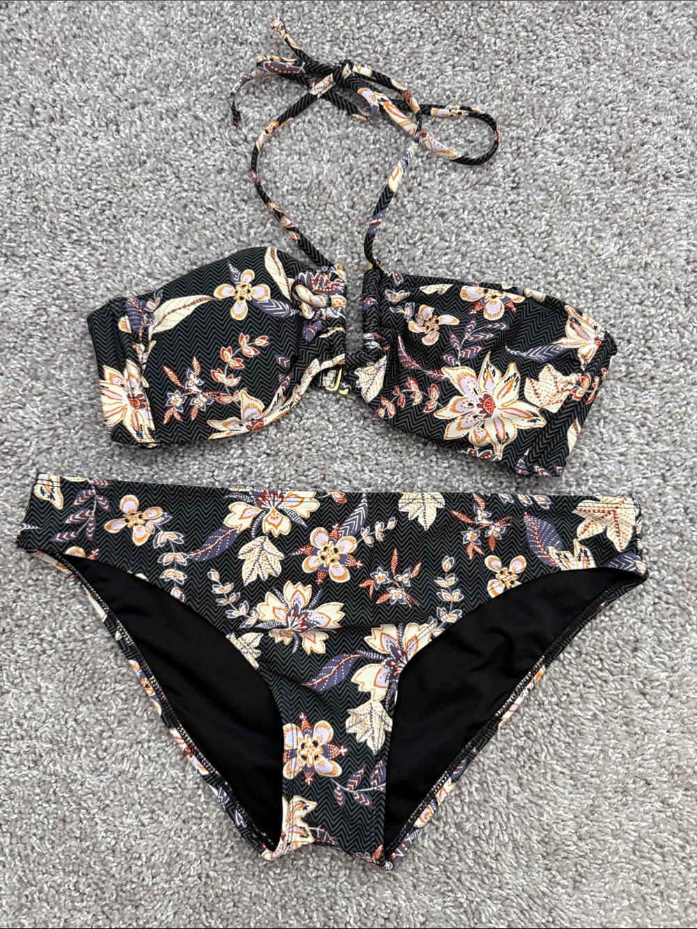 Shade & Shore Black Bikini Bottoms with Rust and Cream Floral Trim